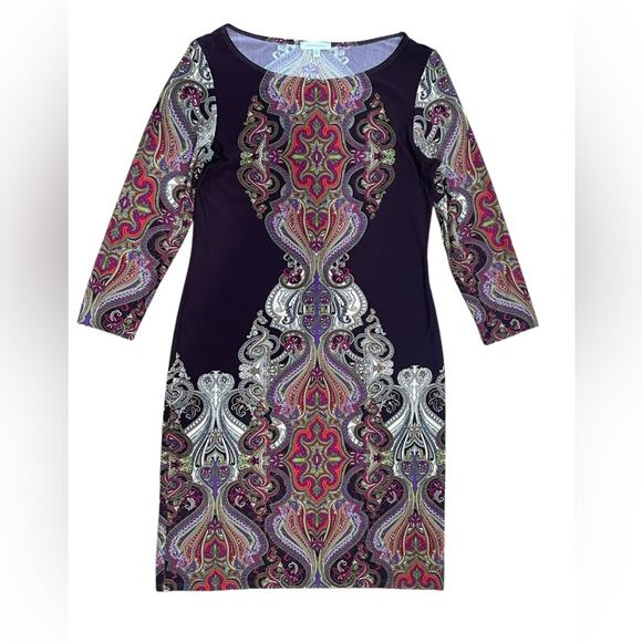 Boston Proper Brown Purple Paisley Boho Short Shift Dress- Medium - Picture 1 of 7
